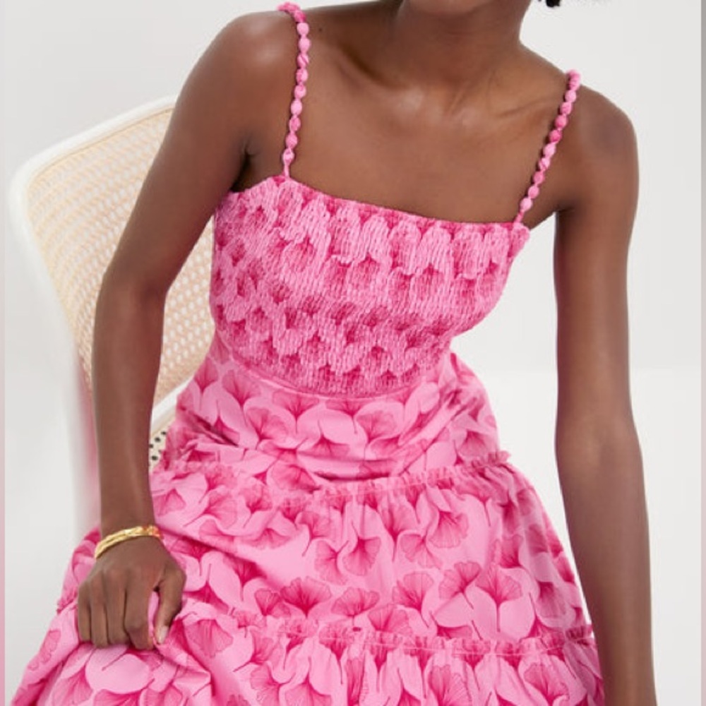 Pink Floral Midi Dress with Smocked Bodice - Picture 9 of 16
